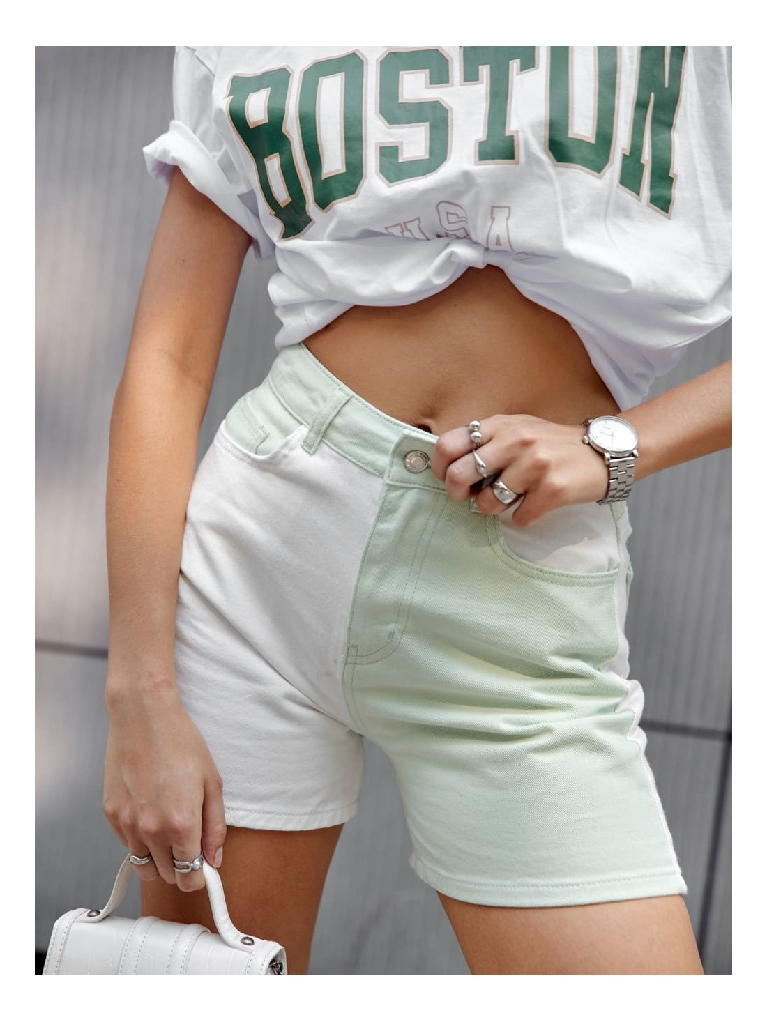 Two-color high-waisted denim shorts light green 70010 - Online store - Boutique